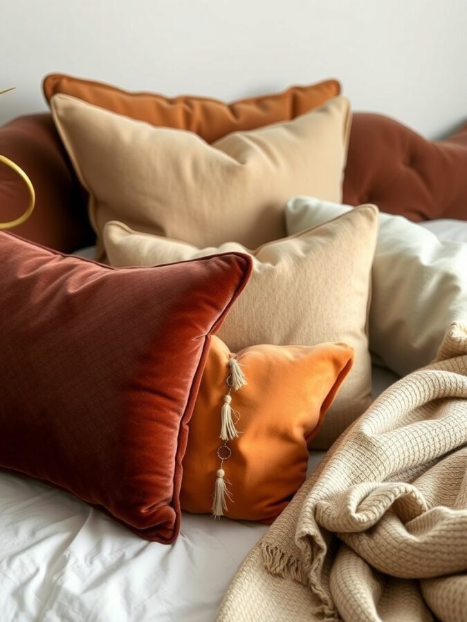 A cozy arrangement of pillows in various textures and colors on a bed.