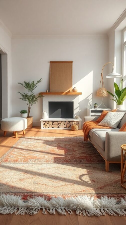 11 Cozy Home Decor Must-Haves for a Warm and Inviting Space 7 Cozy living room with layered rugs, featuring a fireplace and comfortable furniture.