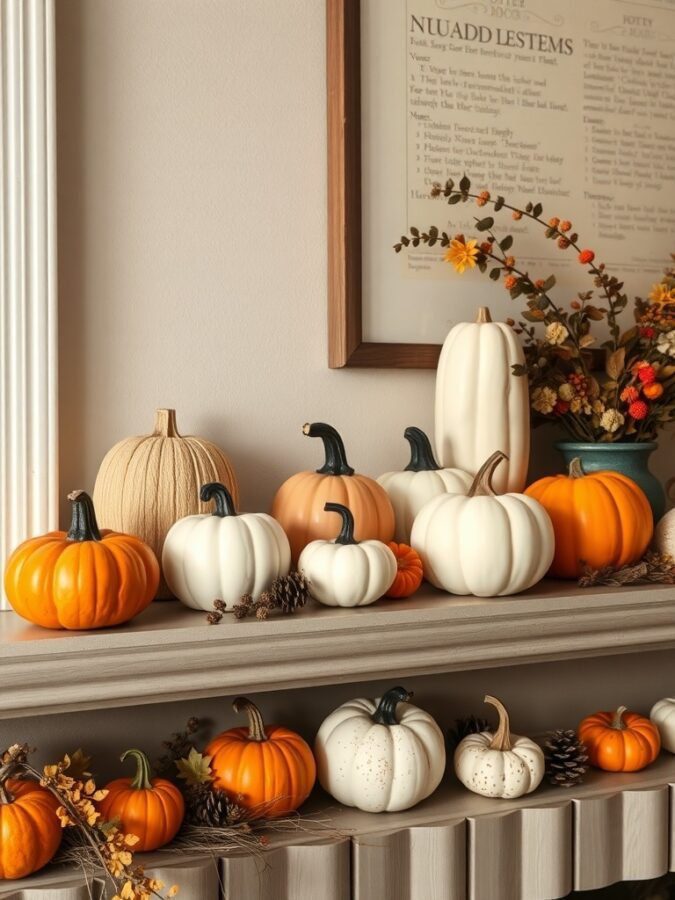A collection of decorative pumpkins in various colors and sizes displayed on a mantel with autumn decorations.