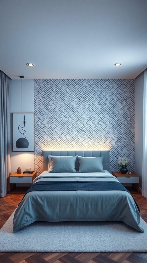 A modern bedroom featuring a geometric patterned accent wall, stylish bed, and warm lighting.