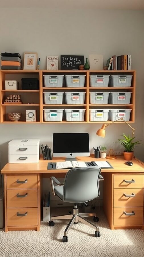 A well-organized female home office with a desk, computer, and shelves filled with storage bins and decorative items.