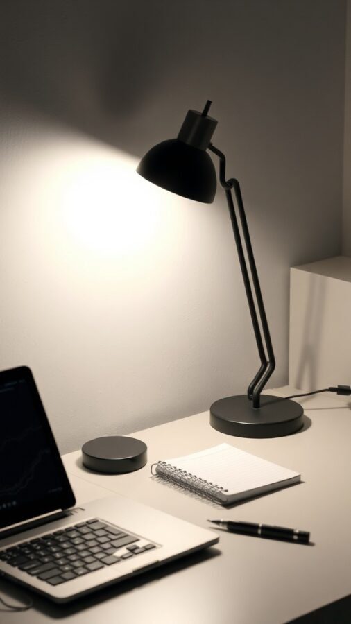 10 Must-Have Lighting Solutions for Your Home Office 3 A modern desk lamp illuminating a workspace with a laptop and notepad.