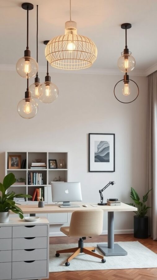 10 Must-Have Lighting Solutions for Your Home Office 7 A stylish home office with decorative pendant lighting and modern furniture.