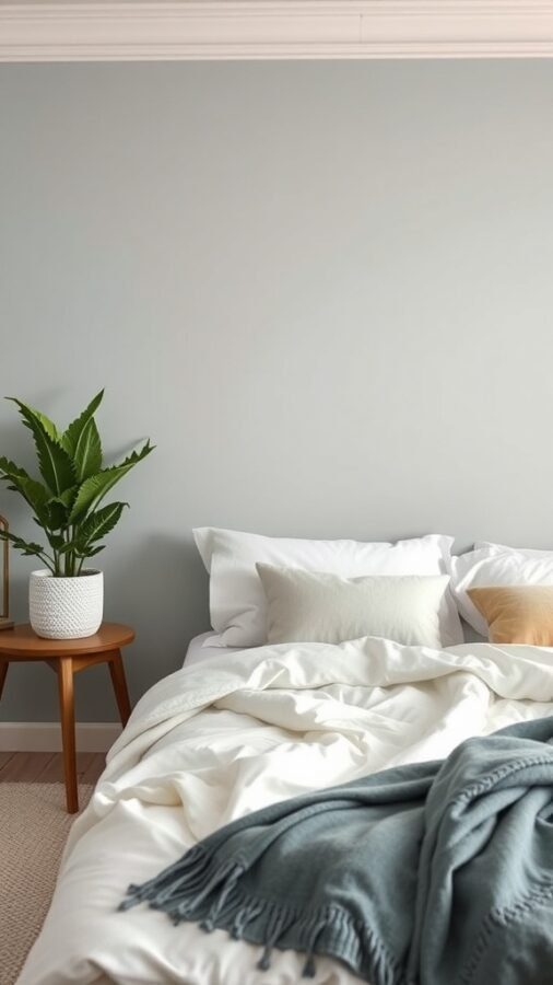 A cozy bedroom featuring a soft blue accent wall, white bedding, and a green plant.