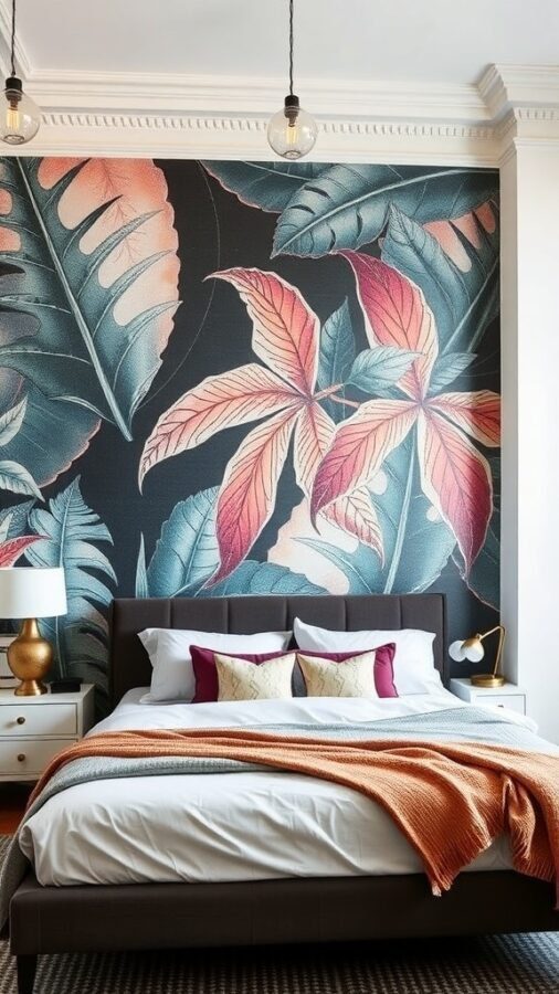 A bedroom with a statement wall featuring trees and text, complemented by dark bedding and modern furniture.