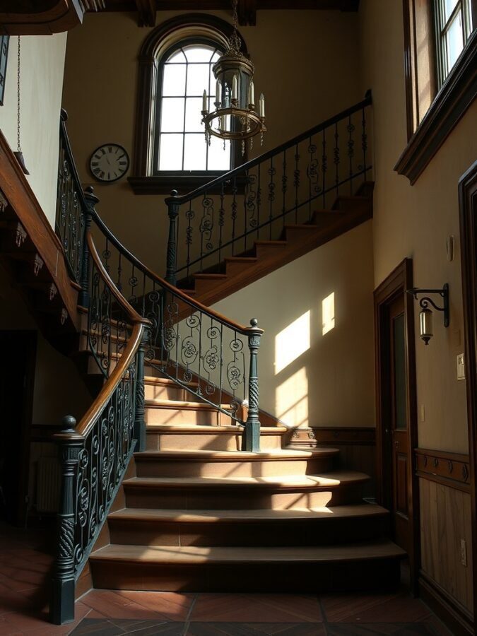 A staircase featuring intricate wrought iron railings and wooden steps, illuminated by natural light.