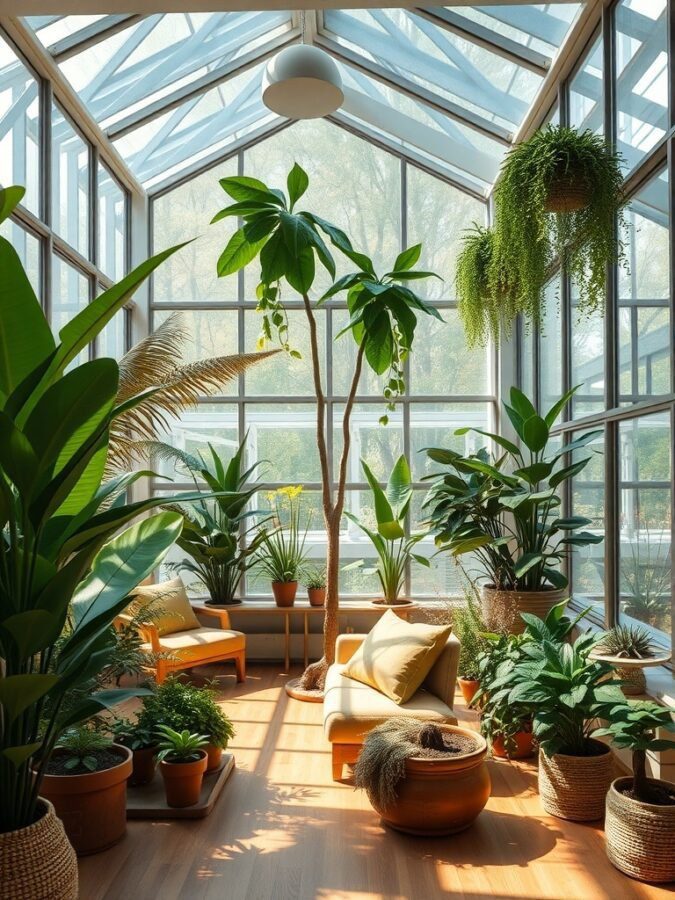 A bright indoor space filled with various plants and natural light, showcasing biophilic design.