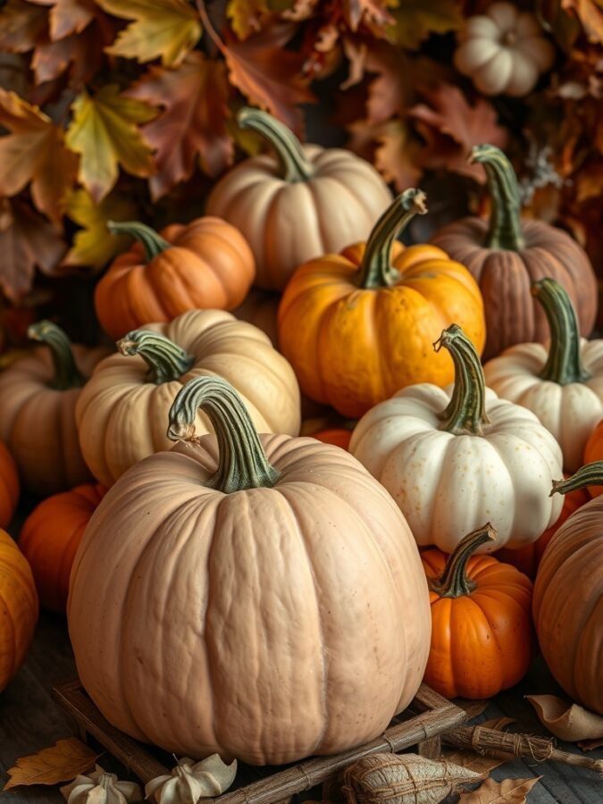 12 Spooktacular Halloween Home Decor Ideas to Transform Your Space 1 An assortment of pumpkins in various colors and sizes, surrounded by autumn leaves.
