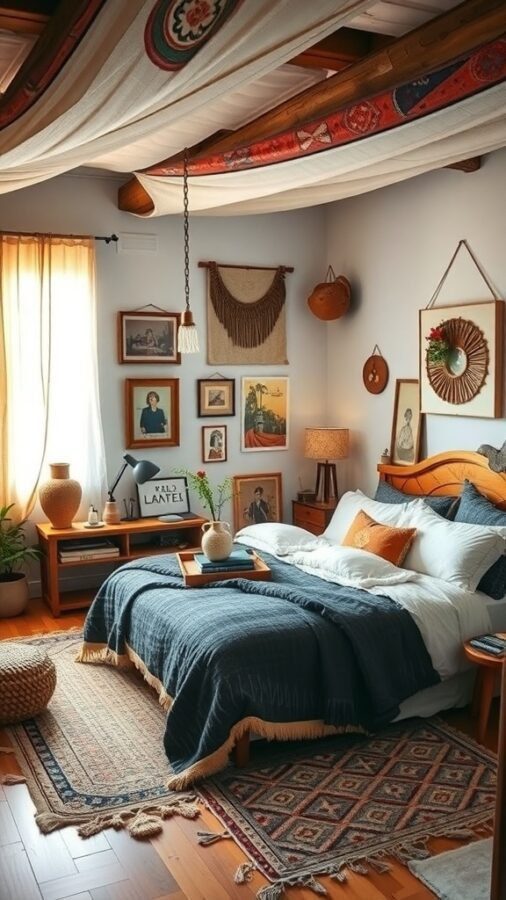 A cozy bedroom with a bohemian style featuring a bed with blue linens, wooden furniture, and various wall decorations.