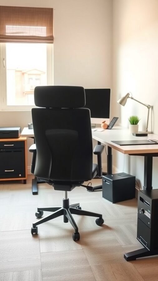 10 Inspiring Home Office Ideas for Maximum Productivity 7 A modern home office featuring an ergonomic chair and a spacious desk with natural light.