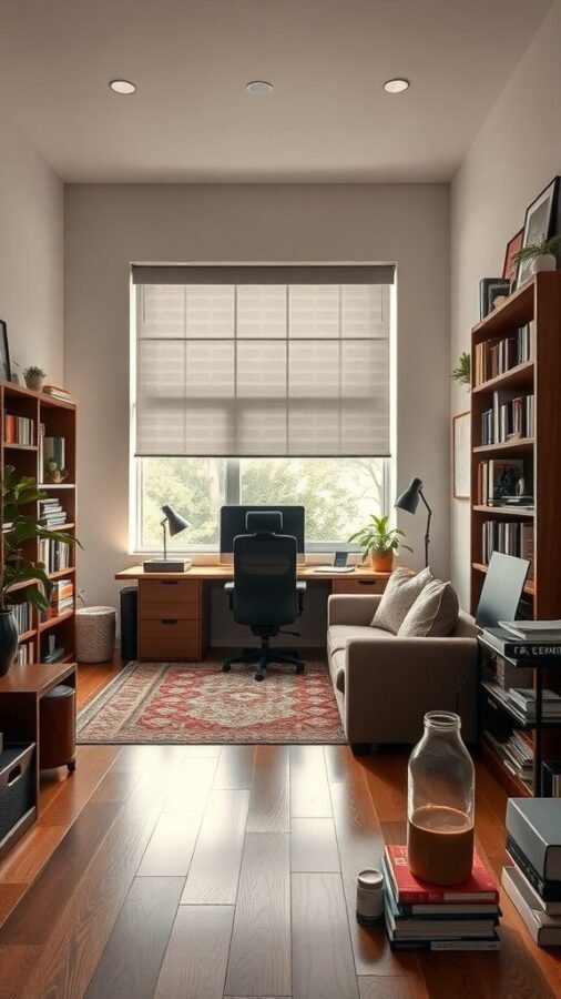 A cozy home office with a desk, chair, bookshelves, and natural light.