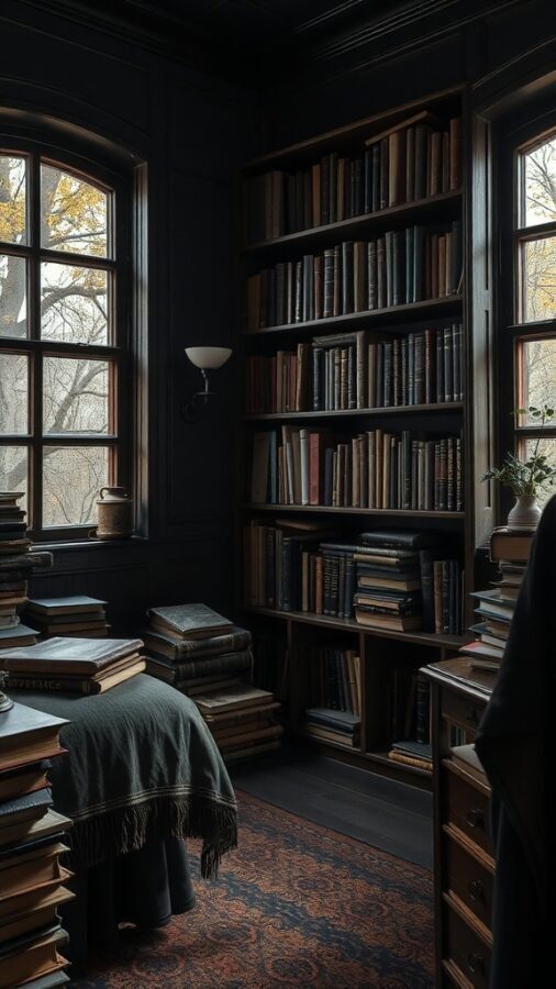 A vintage-inspired bedroom with dark walls, a large bookshelf filled with books, and a cozy bed.