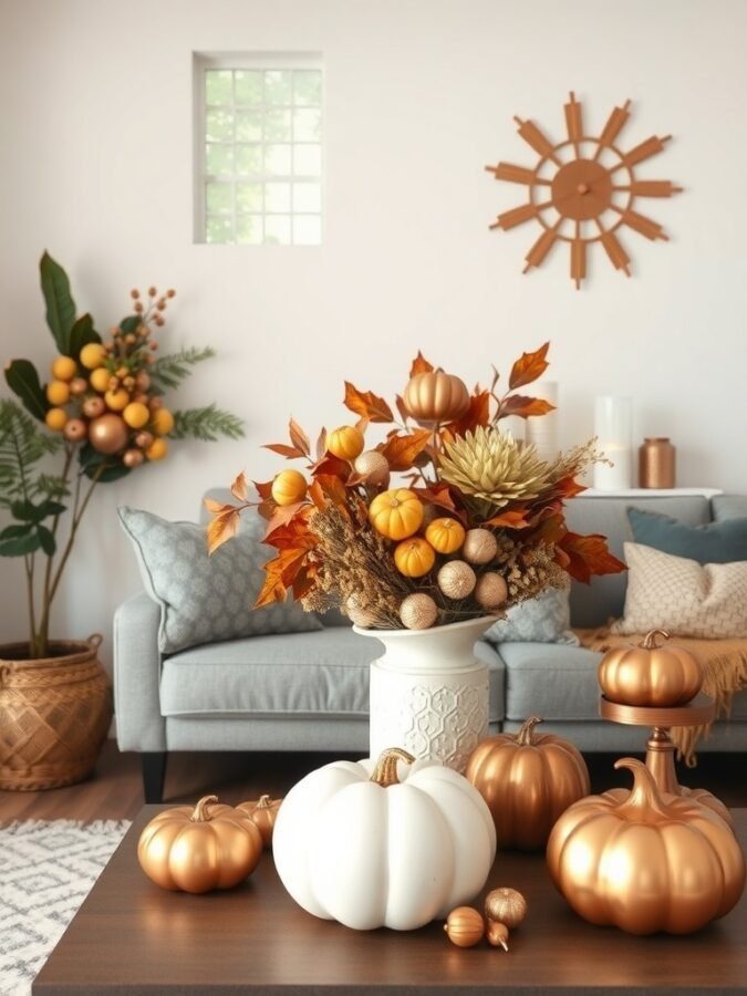 A cozy living room decorated for fall with metallic pumpkins and floral arrangements.