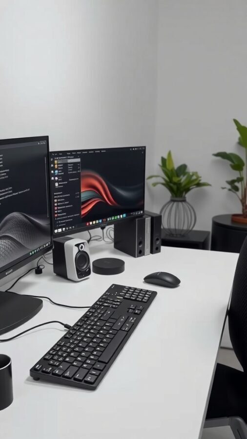 A modern male home office setup featuring dual monitors, a keyboard, mouse, and plants.