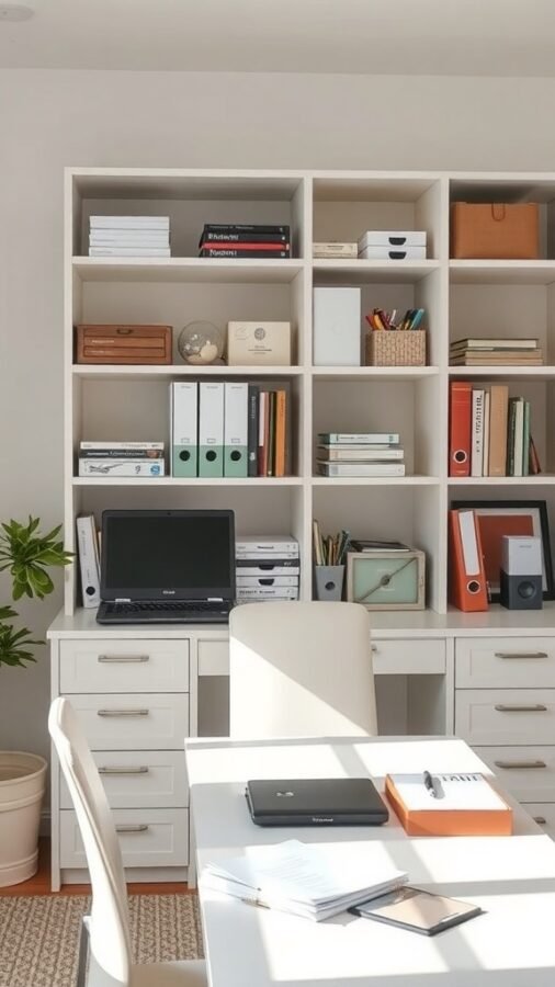 A well-organized home office with a desk, shelves, and storage boxes.