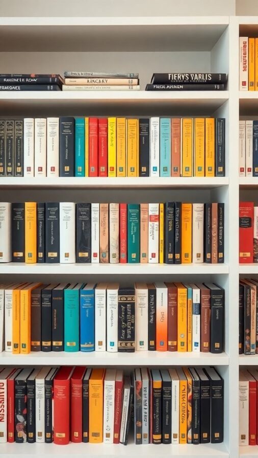 A neatly organized bookshelf with a variety of colorful books.