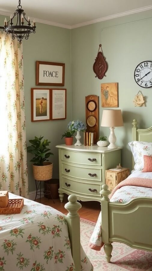 13 Stunning Sage Green Bedroom Ideas for a Serene Retreat 5 A cozy sage green bedroom featuring vintage furniture, including bedside tables and a dresser, adorned with framed artwork and a small round stool.