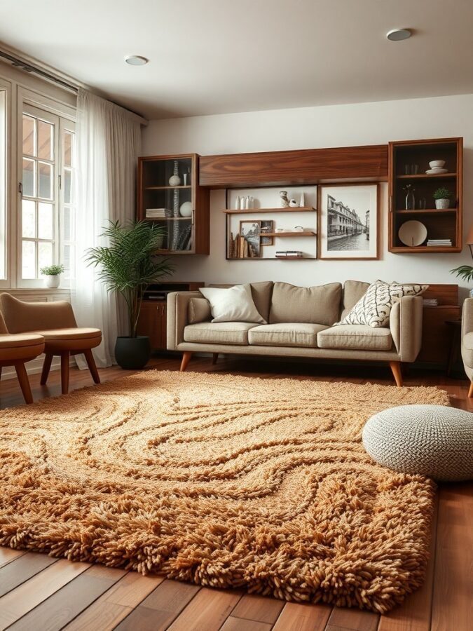 A cozy living room with a textured rug, a sofa, and wooden furniture.