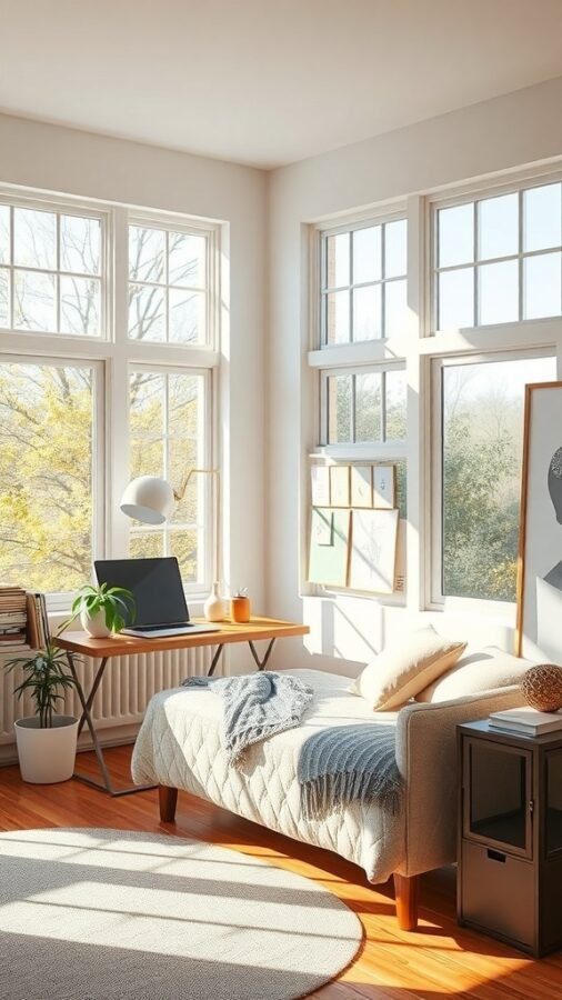 A bright home office featuring a daybed, desk, and large windows allowing natural light.