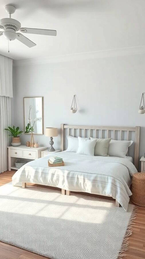 A serene bedroom with coastal decor featuring light colors, wooden furniture, and natural textures.