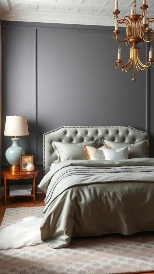 A stylish grey bedroom featuring a tufted headboard, gold accents, and elegant decor.