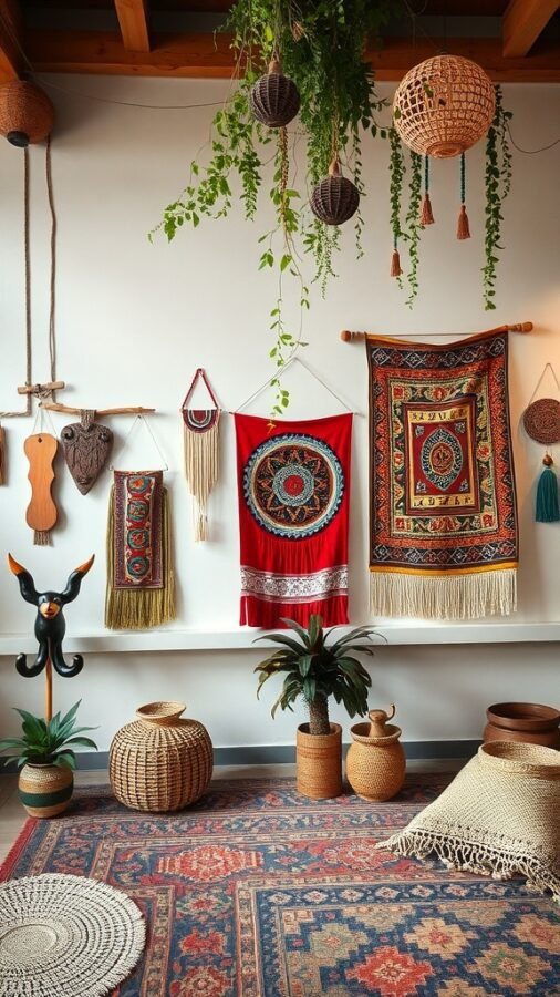 A cozy room featuring colorful wall hangings and tapestries, with plants and woven decor.