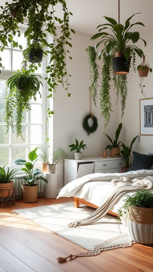 A master bedroom filled with various indoor plants, including hanging and potted greenery, creating a fresh and inviting atmosphere.