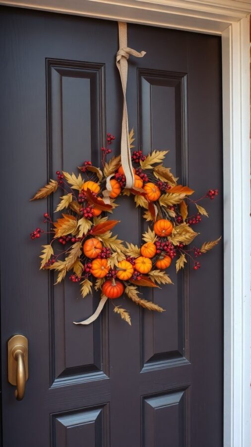 A decorative autumn wreath with pumpkins, leaves, and berries hanging on a dark door.