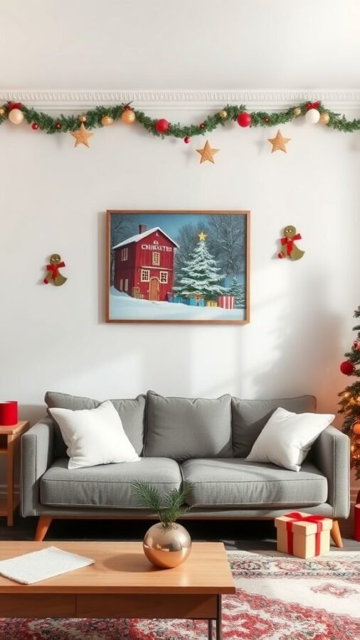 A cozy living room decorated for Christmas with a festive wall art display featuring a red barn and Christmas tree.