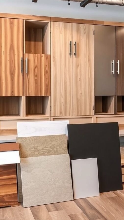 A selection of wood and panel materials for built-ins, showcasing various textures and colors.