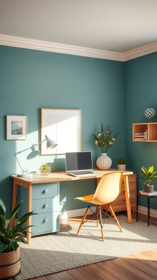 A bright home office with teal walls, a wooden desk, an orange chair, and plants.