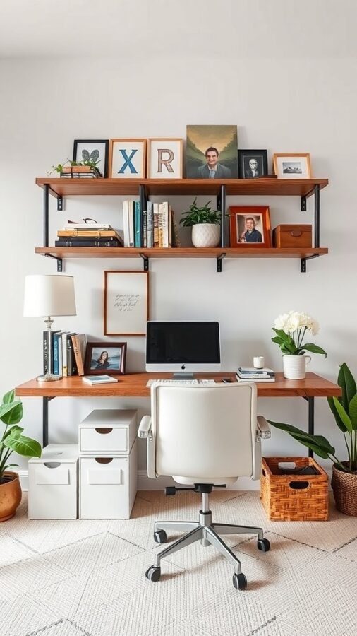 A stylish home office setup featuring a wooden desk, shelves with books and photos, and storage boxes.