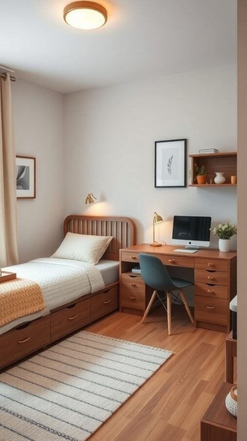 A cozy small bedroom featuring a bed with storage drawers, a compact desk, and warm wooden tones.