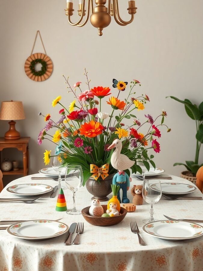 A colorful table centerpiece featuring flowers, a wooden duck figure, and playful decorations.