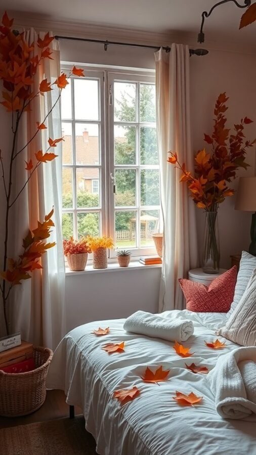 A cozy bedroom with autumn decor, featuring orange leaves on the bed and in pots by the window.