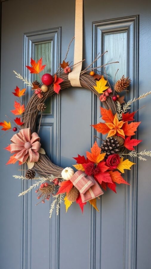 A fall-themed wreath with red and orange leaves, pinecones, and a bow, hanging on a blue door.