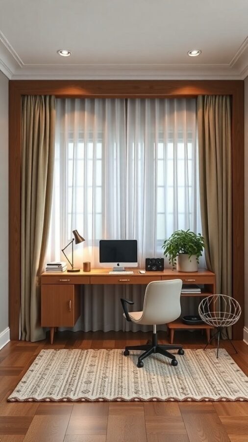 A stylish home office featuring a desk with a computer, a chair, and a plant, with curtains providing privacy.