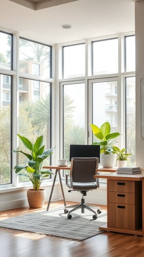 A bright home office with large windows, plants, and a wooden desk.