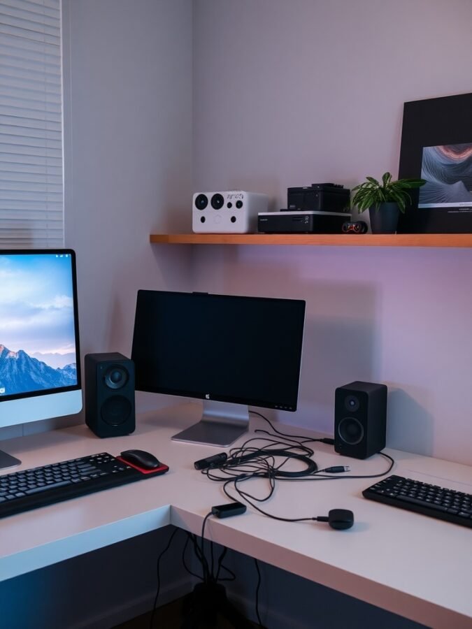 A modern home office setup featuring two monitors, speakers, and a keyboard on a clean desk.