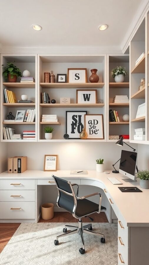 A stylish home office with built-in desk and shelves, featuring books, plants, and decorative items.