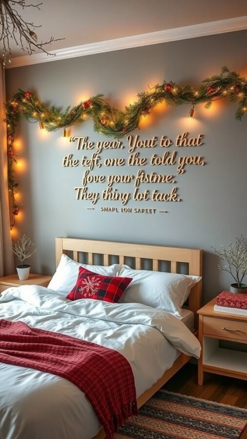 Cozy bedroom with an accent wall, featuring a quote, greenery, and seasonal decor.