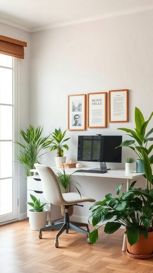 A bright home office with a desk, computer, and various indoor plants.
