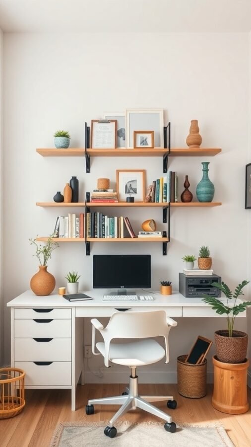 A stylish small home office with a desk, computer, and shelves displaying books and decorative items.
