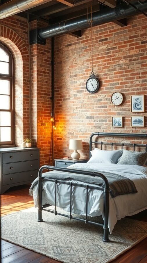 A grey bedroom featuring a metal bed frame, grey nightstands, and an exposed brick wall, showcasing an industrial chic style.