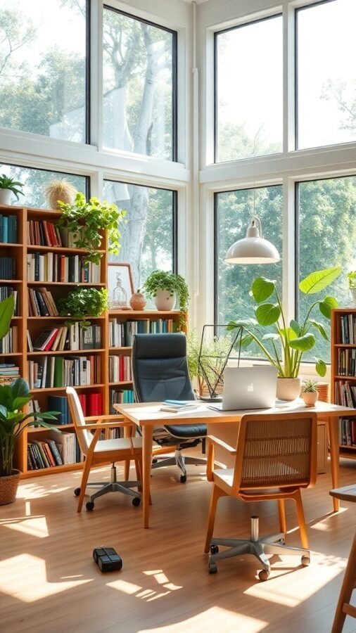 A bright home office library with large windows, bookshelves, and plants.