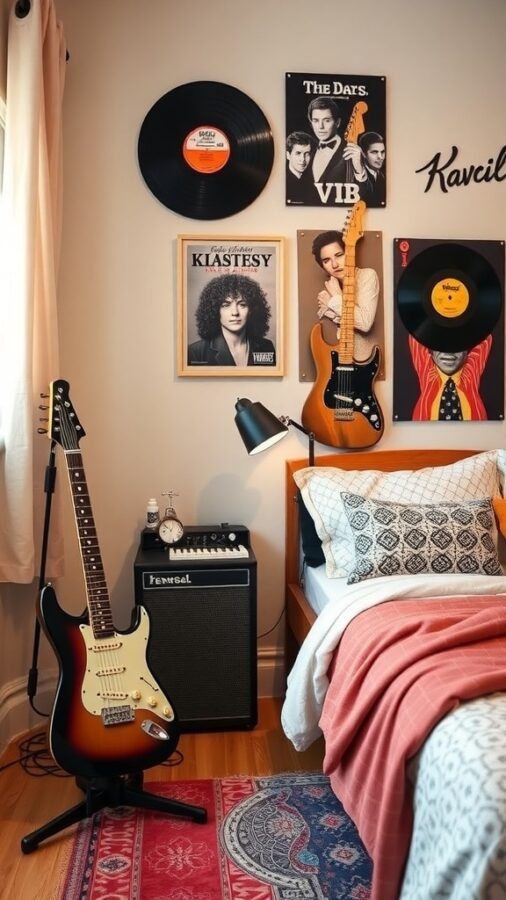 A cozy bedroom filled with acoustic guitars, vinyl records, and music posters, creating a vibrant atmosphere for a music lover.