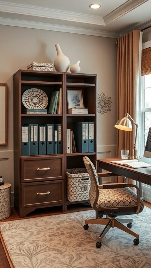 A stylish home office with a wooden bookshelf, desk, and comfortable chair, featuring organized storage solutions.