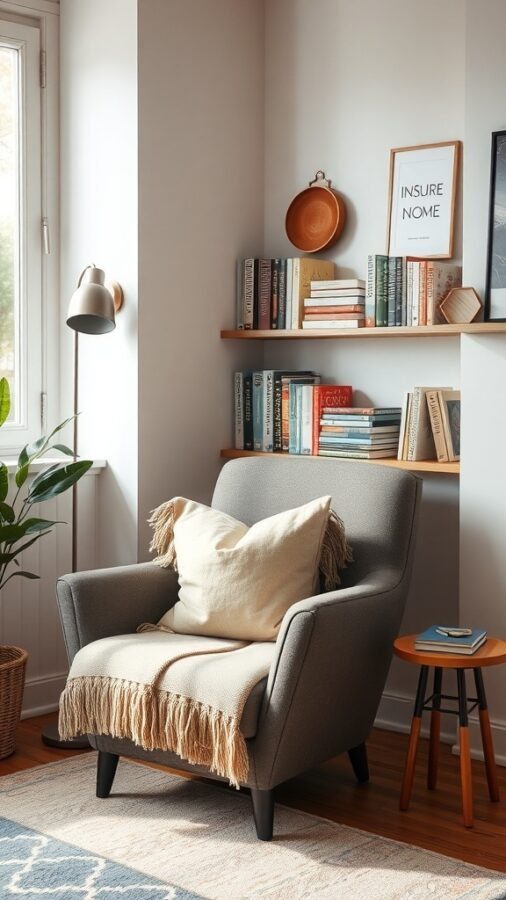 Cozy reading nook with a comfortable chair, bookshelves, and a side table