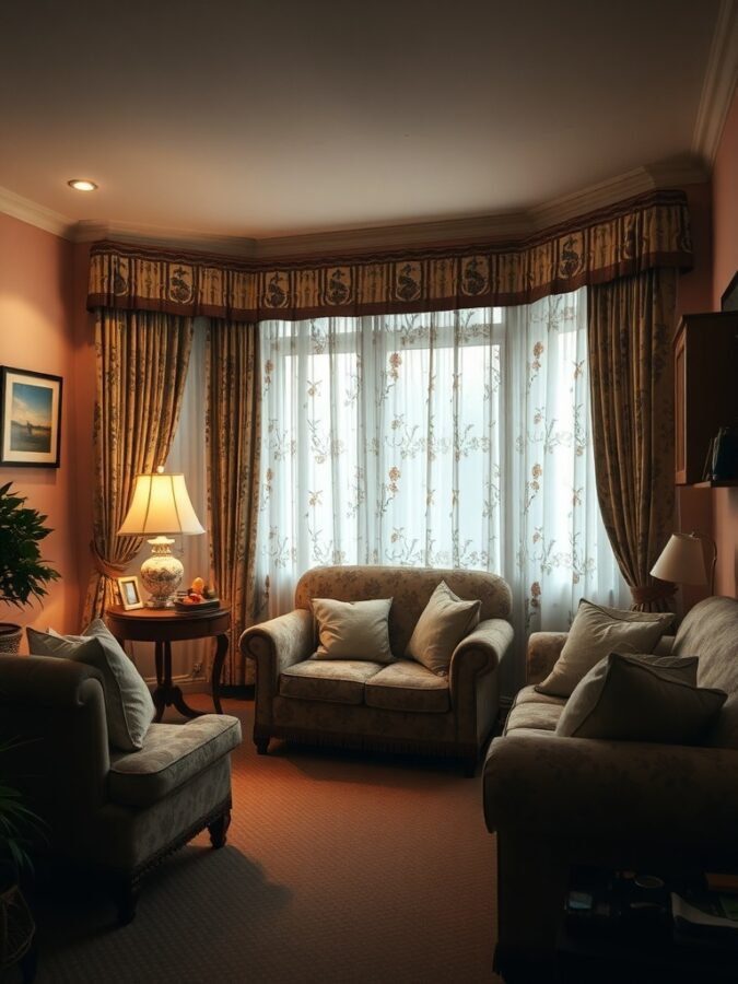 12 Charming Grandmacore Home Decor Items You Need to Try 7 Cozy living room with vintage floral curtains and plush sofas