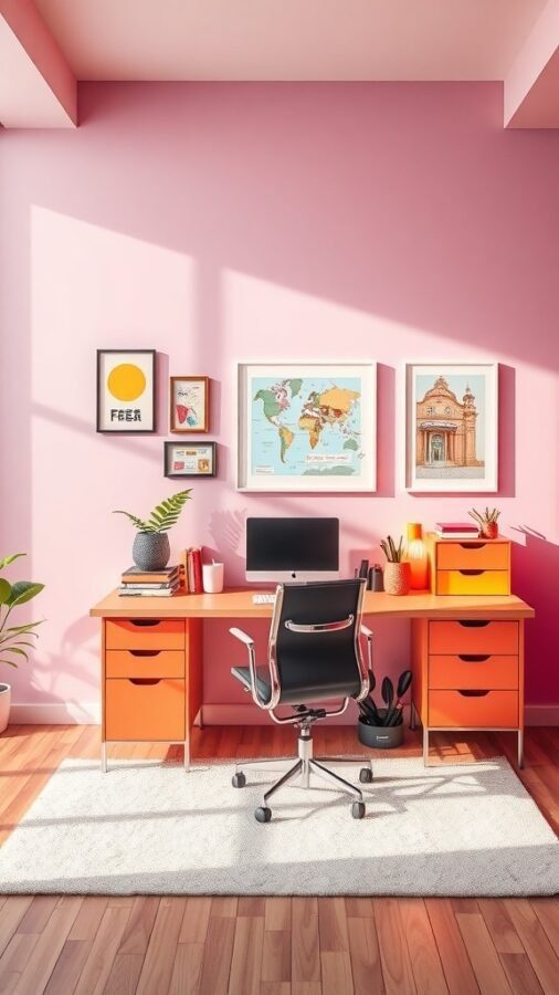 10 Inspiring Home Office Ideas for Maximum Productivity 1 A bright home office with a pink wall, orange desk, and colorful decorations.